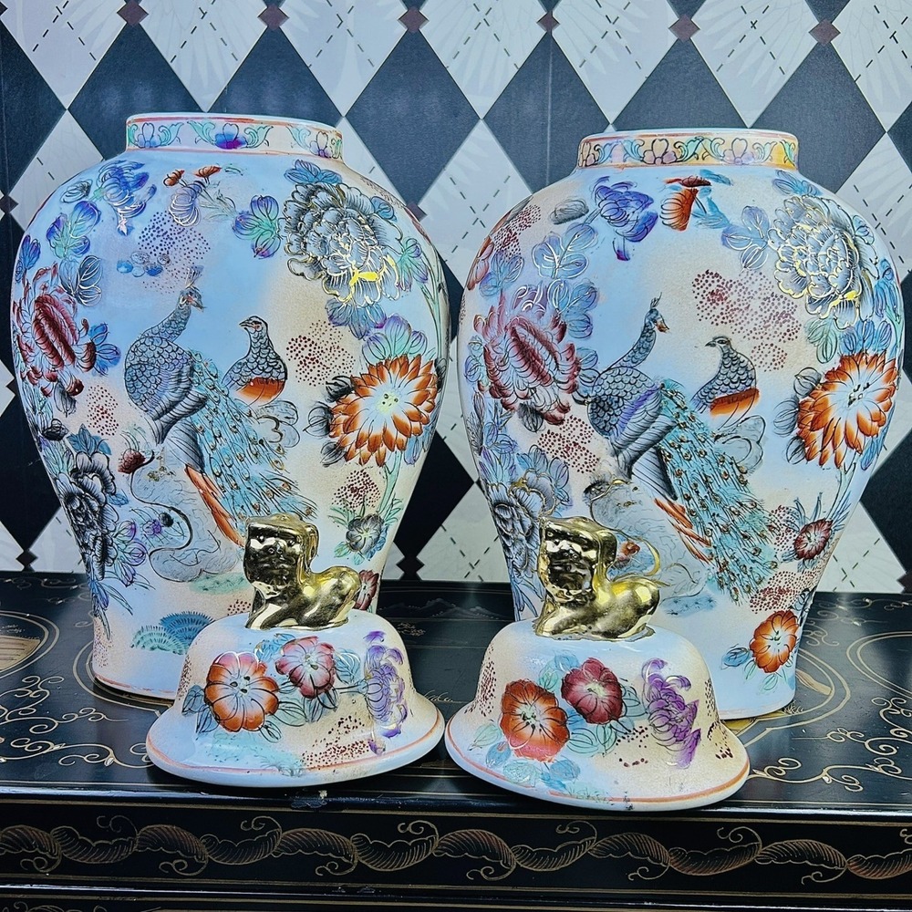 Vintage Chinoiserie Peacock Ginger Jars Gold Foo Dog Lid Pair 15.5" - Picture 3 of 17